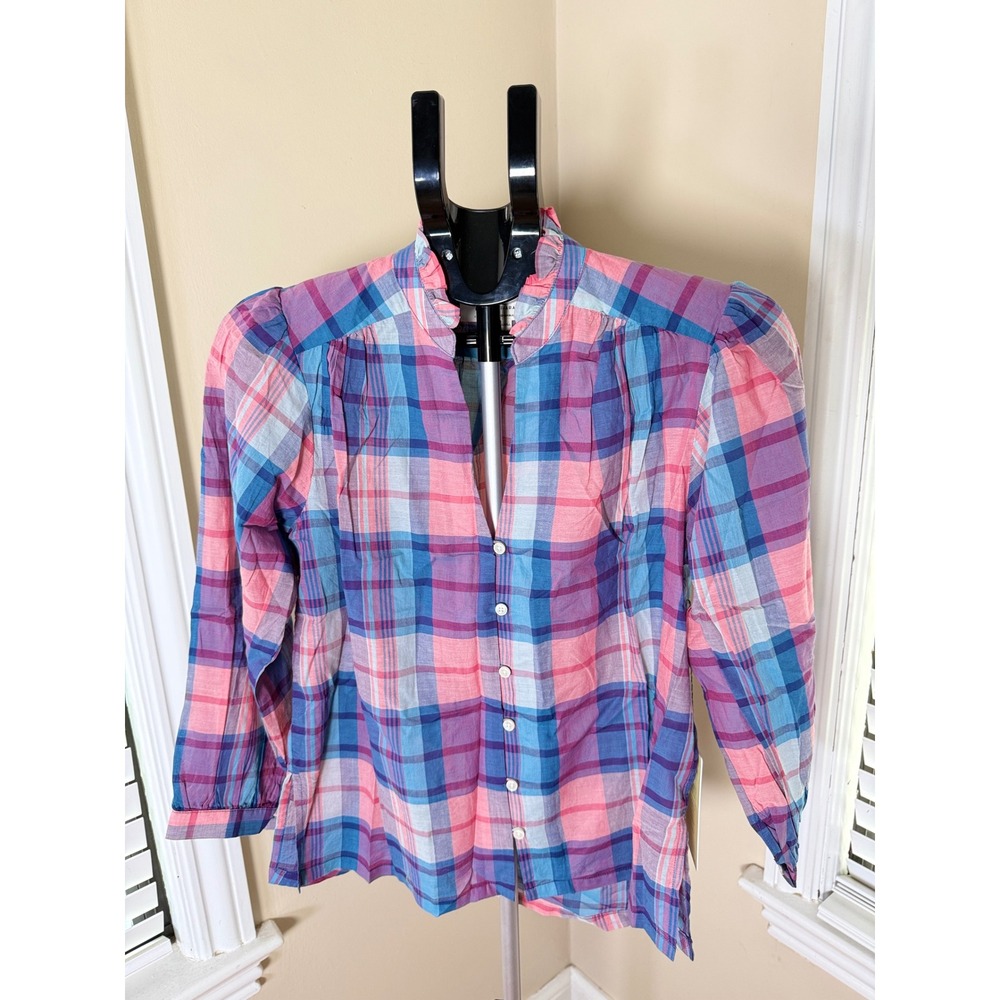 Birds of Paradis by Trovata Plaid Ruffle Collar Blouse Pink Blue XS NEW